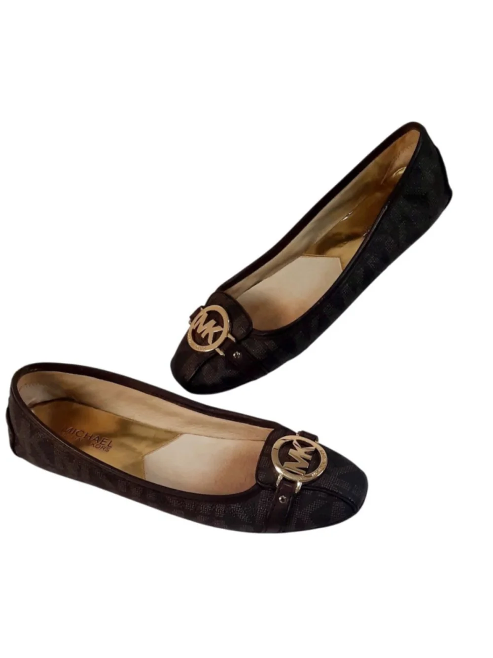 Michael Kors Fulton moccasin flats in brown logo PVC with gold hardware size 8.5
